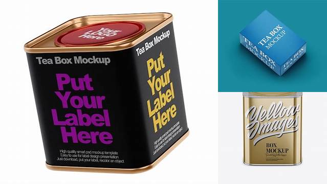 2047+ Metallic Tea Box PSD Mockup Front View High-Angle Shot Exclusive Editable PSD File