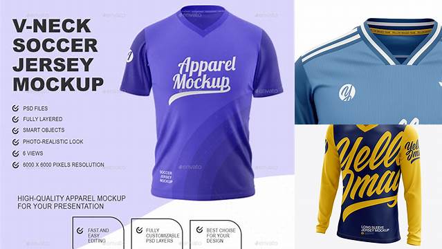 2073+ Men’s Soccer V-Neck Jersey LS PSD Mockup Back Half-Side View Editable Graphic Design Files