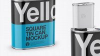 208+ 4L Closed Square Tin Can PSD Mockup Half Side View High-Angle Shot Professional Quality Freebie PSD File