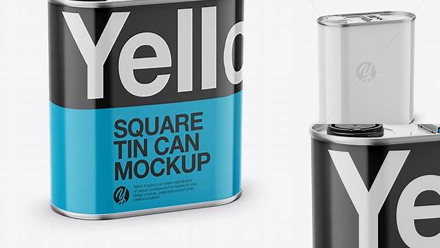 208+ 4L Closed Square Tin Can PSD Mockup Half Side View High-Angle Shot Professional Quality Freebie PSD File