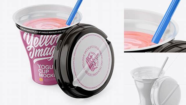 2121+ Opened 260g Yogurt Cup With Straw PSD Mockup Half Side View Layered PSD File Free Download