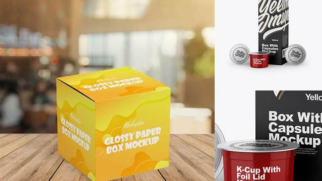 2126+ Box with Three Glossy K-Cups PSD Mockup Elegant Free Template