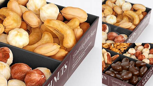 2129+ Carton Square Tray with Nuts PSD Mockup Halfside View High Angle Free Digital Resource for Designers