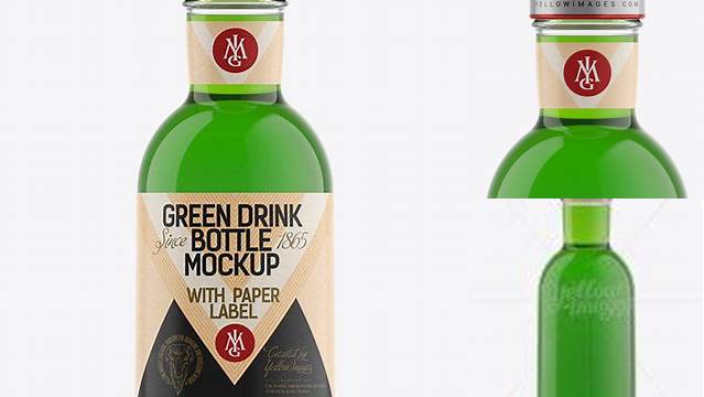 2136+ Clear Glass Green Drink Bottle with Paper Label PSD Mockup Exclusive Digital PSD Resource