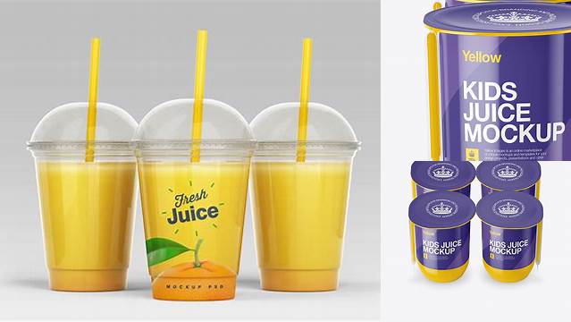 2142+ Glossy Plastic 4 Pack Juice Cup PSD Mockup Front View High-Angle Shot Exclusive Free Creative Resource