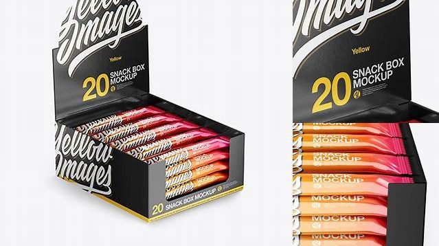 2160+ 20 Glossy Snack Bars Box PSD Mockup Half Side View High-Angle Shot Exclusive Digital PSD Resource