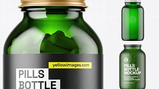 2166+ Empty Green Glass Pills Bottle PSD Mockup Versatile Photoshop File