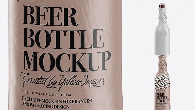 2167+ Amber Beer Bottle Wrapped in Glossy Paper PSD Mockup Photoshop Resource Free