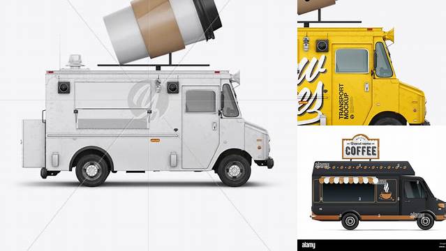 2170+ Foodtruck with Coffee Cup PSD Mockup Side View Versatile PSD Mockup File