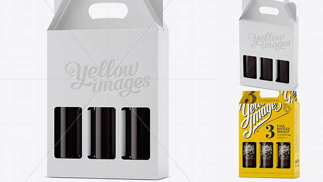 2199+ White Paper 3 Pack Amber Bottle Carrier PSD Mockup Halfside View High-Angle Shot Editable Design PSD File