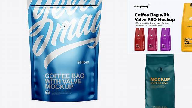 221+ Matte Coffee Bag With Valve PSD Mockup Front View High Resolution