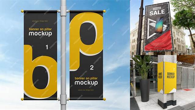 2210+ Glossy Banner on Pillar PSD Mockup Front View High-End Creative PSD Template