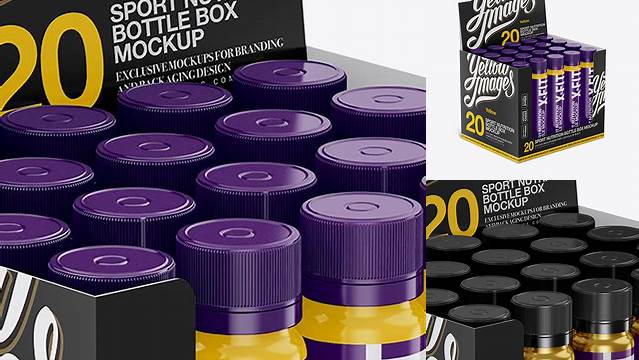 2215+ 20 Glossy Sport Nutrition Bottles Display Box PSD Mockup Halfside View Creative and Modern PSD Freebie