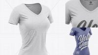 2216+ Women’s Heather Slim-Fit V-Neck T-Shirt PSD Mockup Front View Download Free Editable PSD Template