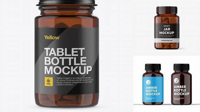 2238+ Amber Pill Bottle with Metal Cap PSD Mockup Front View Free Editable Photoshop Template