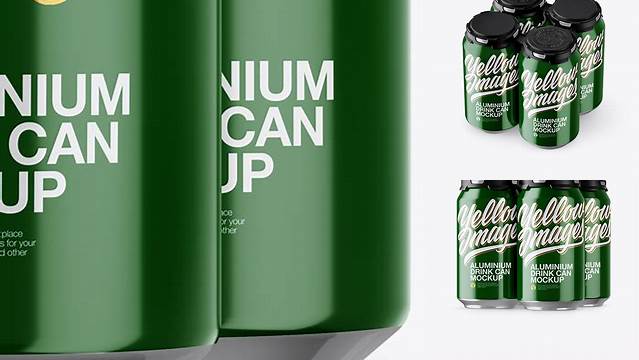 2239+ Pack with 4 Glossy Aluminium Cans with Plastic Holder Half Side View Advanced and Editable PSD Template Free