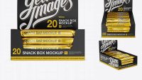 2243+ 20 Metallic Snack Bars Display Box PSD Mockup Halfside View High-Angle Shot Creative Free PSD Graphic Design