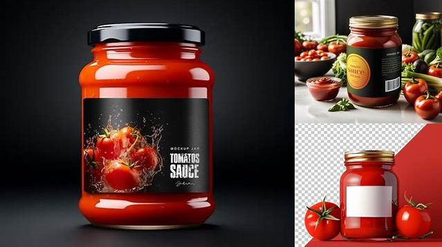 2255+ Glass Jar with Tomato Sauce PSD Mockup Front View High Angle Shot Free PSD