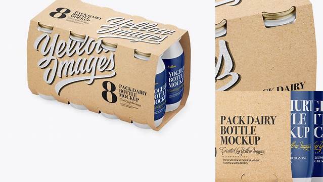 2266+ 8 Kraft Pack Dairy Bottle PSD Mockup Half Side View High-Angle Shot High-Quality PSD Files