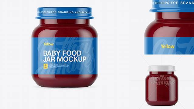 2266+ Baby Food Plum Puree Small Jar PSD Mockup Front View Editable and Customizable PSD