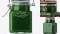 2270+ 100ml Glass Green Jam Jar with Clamp Lid PSD Mockup Half Side View High-Angle Shot Creative High-Resolution PSD Freebie