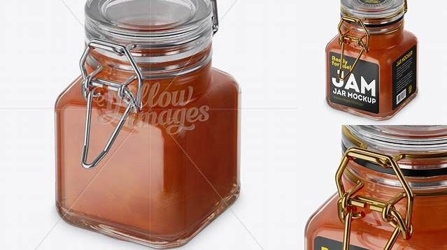 2318+ 100ml Glass Apricot Jam Jar with Clamp Lid PSD Mockup Halfside View High-Angle Shot Premium Free Graphic Resource