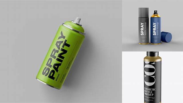 233+ Metallic Spray Bottle PSD Mockup Half Side View High-Angle Shot High-Resolution Graphic