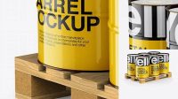 2343+ Wooden Pallet With 6 Metal Barrels PSD Mockup Half Side View Customizable PSD Templates