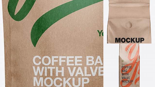 2360+ Kraft Coffee Bag With Valve PSD Mockup Front View Digital Photoshop Free Mockup