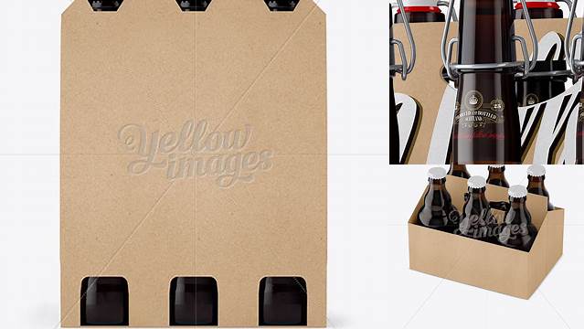 2366+ Kraft Paper 6 Pack Amber Bottle Carrier PSD Mockup Half Side View High Angle Shot Modern Photoshop Resource