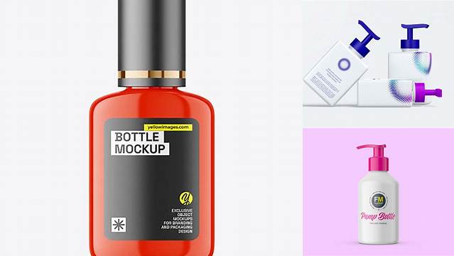 2374+ Glossy Square Bottle With Pump PSD Mockup Advanced Photoshop Design Free