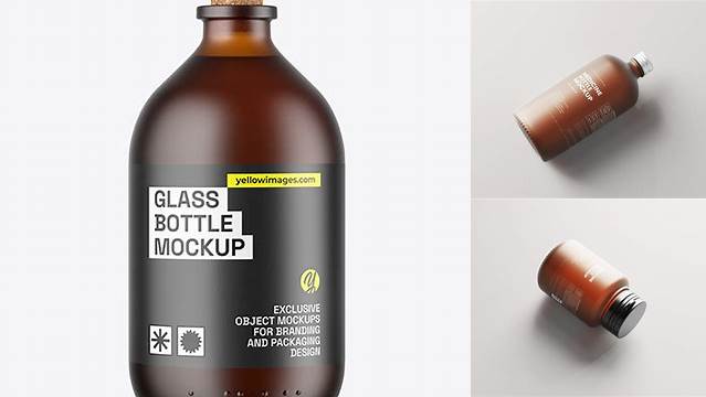 2392+ 500ml Frosted Amber Glass Bottle PSD Mockup Half Side View High-Resolution Editable PSD