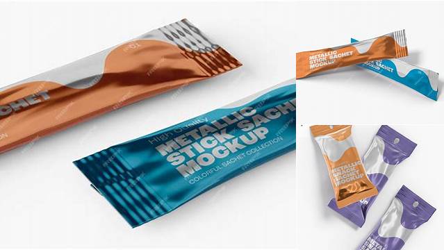 2396+ Metallic Stick Sachet PSD Mockup Front View Modern PSD Templates