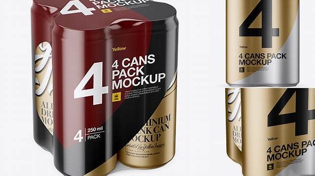 240+ 4 Cans in Matte Metallic Shrink Wrap PSD Mockup Front View Advanced and Editable PSD Template Free