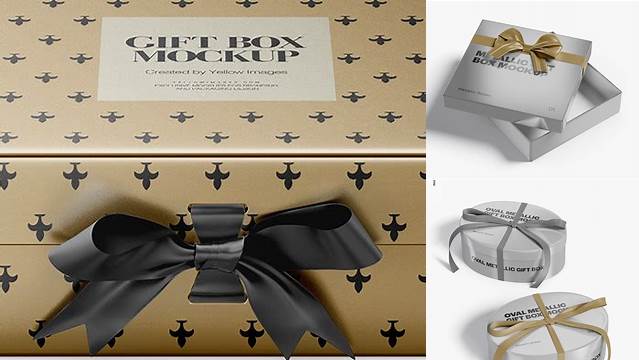 2407+ Metallic Gift Box With Bow PSD Mockup Front View High-Angle Shot Digital Photoshop Free Mockup