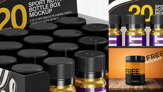 2415+ 20 Metallic Sport Nutrition Bottles Display Box PSD Mockup Front View Custom Graphic Resource Free Download