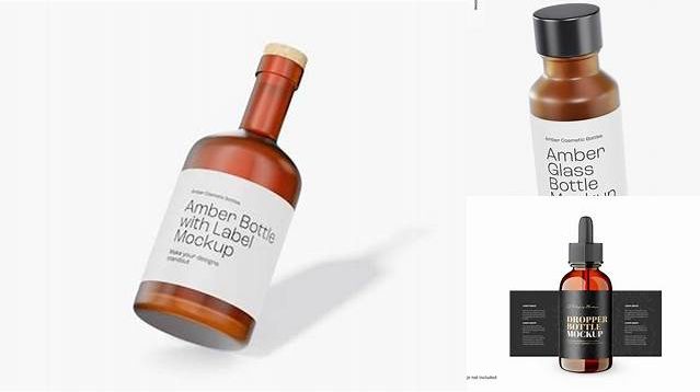 2417+ Amber Glass Bottle with Paper Label PSD Mockup Smart Layer PSD