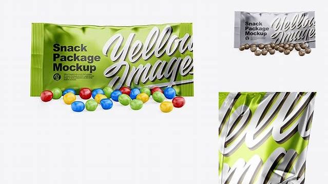 2417+ Metallic Snack Bag With Candies PSD Mockup Front View Professional Design PSD