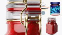 2432+ 900ml Cherry Jam Glass Jar with Clamp Lid PSD Mockup Side View Free PSD for Designers