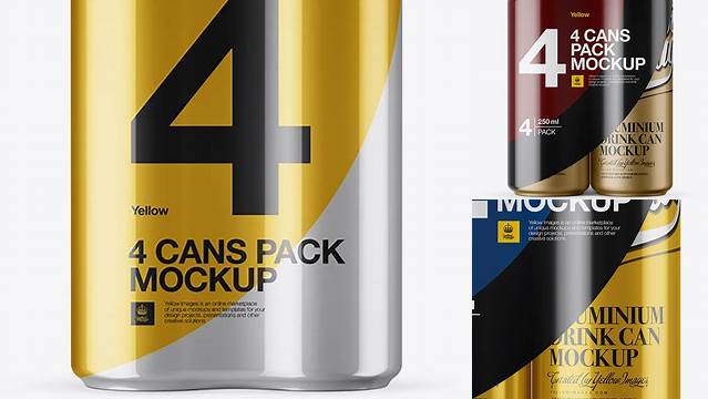 2460+ 4 Metallic Cans in Shrink Wrap PSD Mockup Front View Fully Editable PSD Template