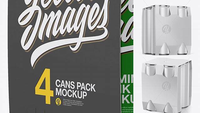 2465+ Carton Carrier with 4 Glossy Cans PSD Mockup Half Side View High-Angle Shot Free Downloadable Graphic Resource