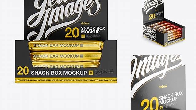 2479+ 20 Metallic Snack Bars Box PSD Mockup Half Side View High-Angle Shot Layered Photoshop Template