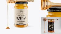 2479+ Honey Jar With Spoon PSD Mockup Front View High-Angle Shot Professional Photoshop Design Freebie