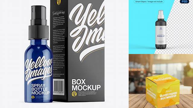 2481+ Glossy Spray Bottle with Glossy Paper Box PSD Mockup Free Design Resource