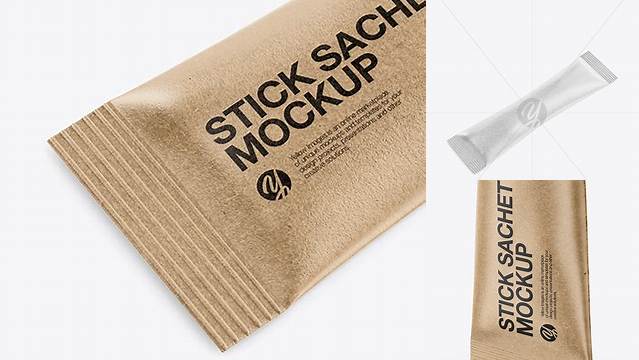 2492+ Kraft Stick Sachet PSD Mockup Half Side View High-Angle Shot Layered Photoshop Template