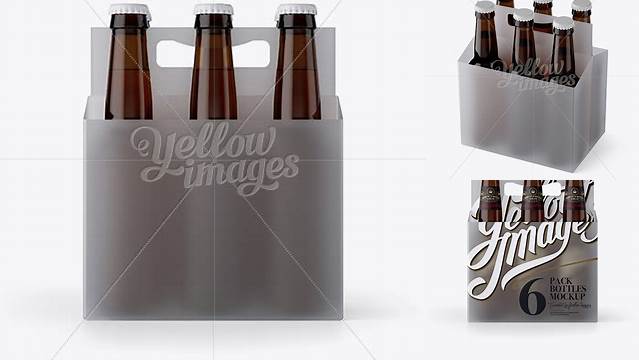 2503+ Transparent Plastic 6 Pack Amber Bottle Carrier PSD Mockup 3/4 View High-Angle Shot Digital Photoshop Free Mockup