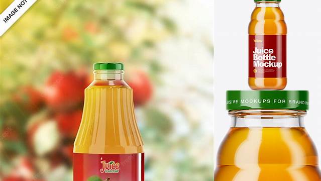 2504+ Clear Glass Red Apple Juice Bottle PSD Mockup High Angle Shot Download Premium Free PSD