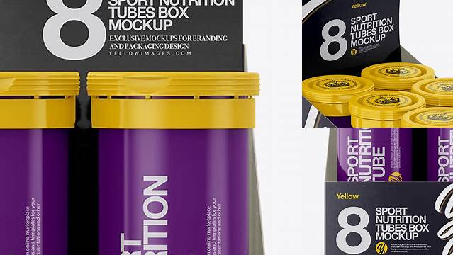 2505+ 8 Glossy Sport Nutrition Tubes Display Box PSD Mockup Download Customizable PSD