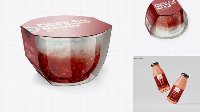 2506+ Plastic Cup with Sauce PSD Mockup Half Side View High-Angle Shot High-End Creative PSD Template