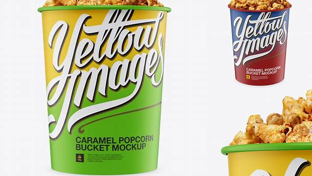 2511+ Matte Bucket with Caramel Popcorn PSD Mockup Front View Versatile Photoshop File